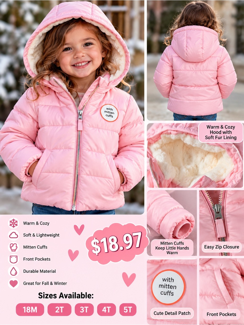 Kids Pink Puffer Jacket with Hood and Mitten Cuffs